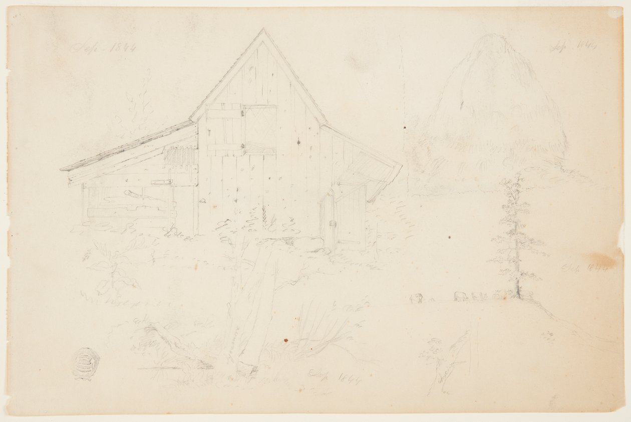 Skitse af en lade og høstak af Frederic Edwin Church