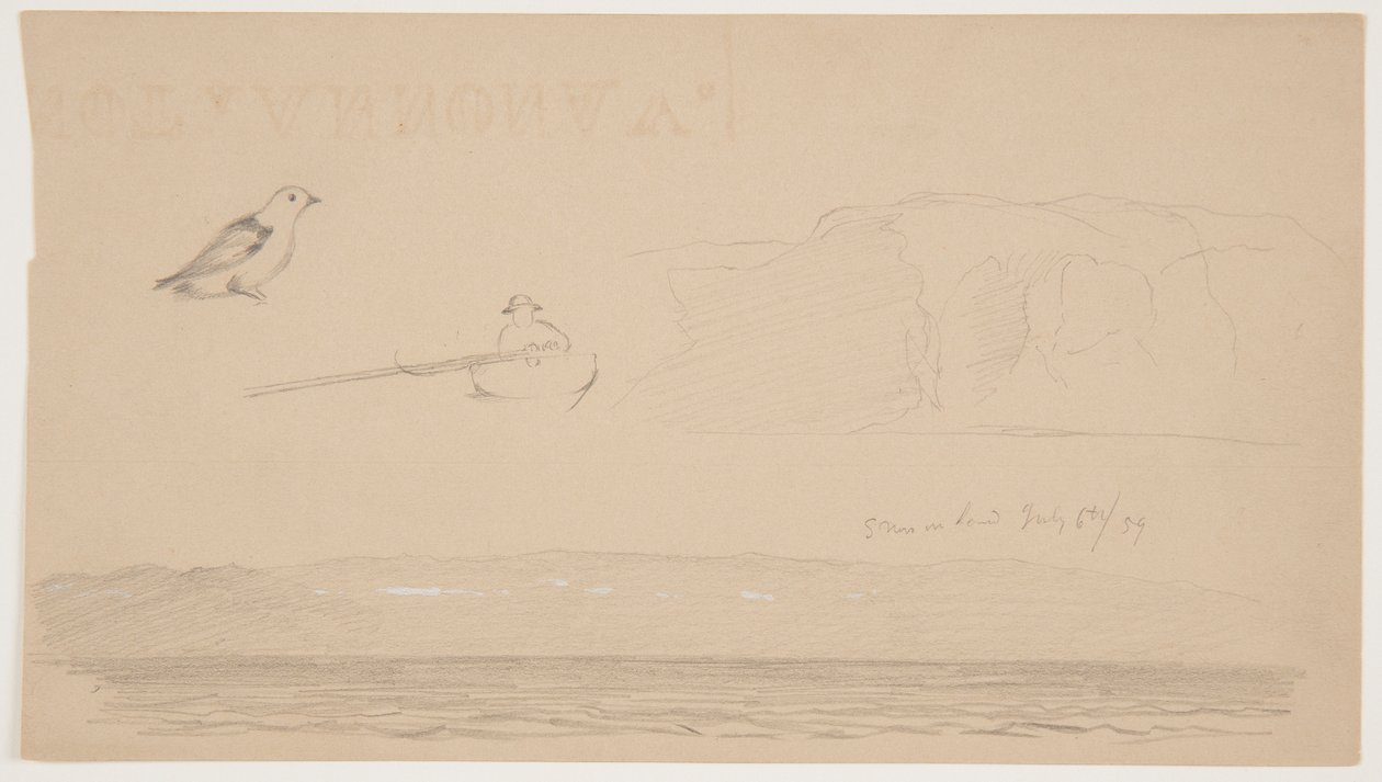 Skitser fra Labrador of Snow on Land, Man in Boat og Bird af Frederic Edwin Church