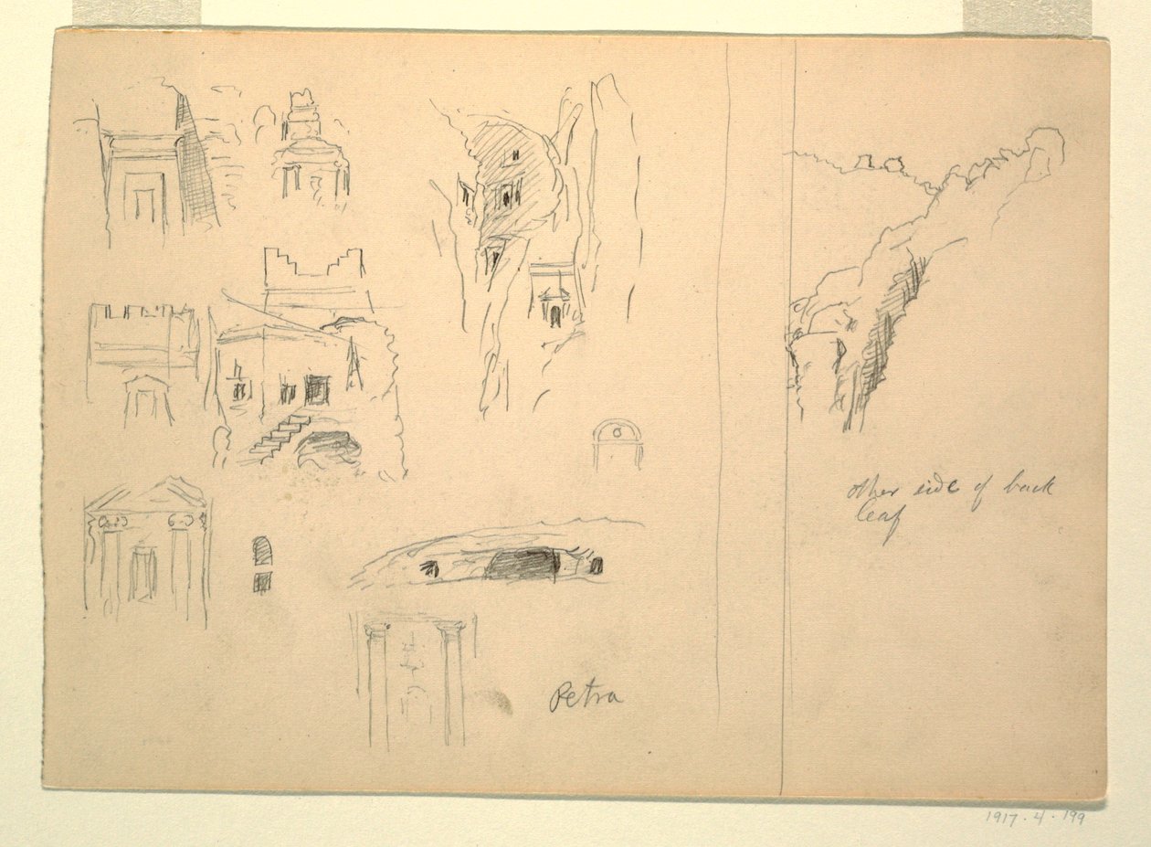 Ti studier af grave og udsigt over klipper, Petra, Jordan af Frederic Edwin Church