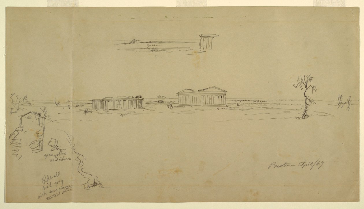Udsigt over basilikaen og Neptuntemplet, Paestum, Italien af Frederic Edwin Church