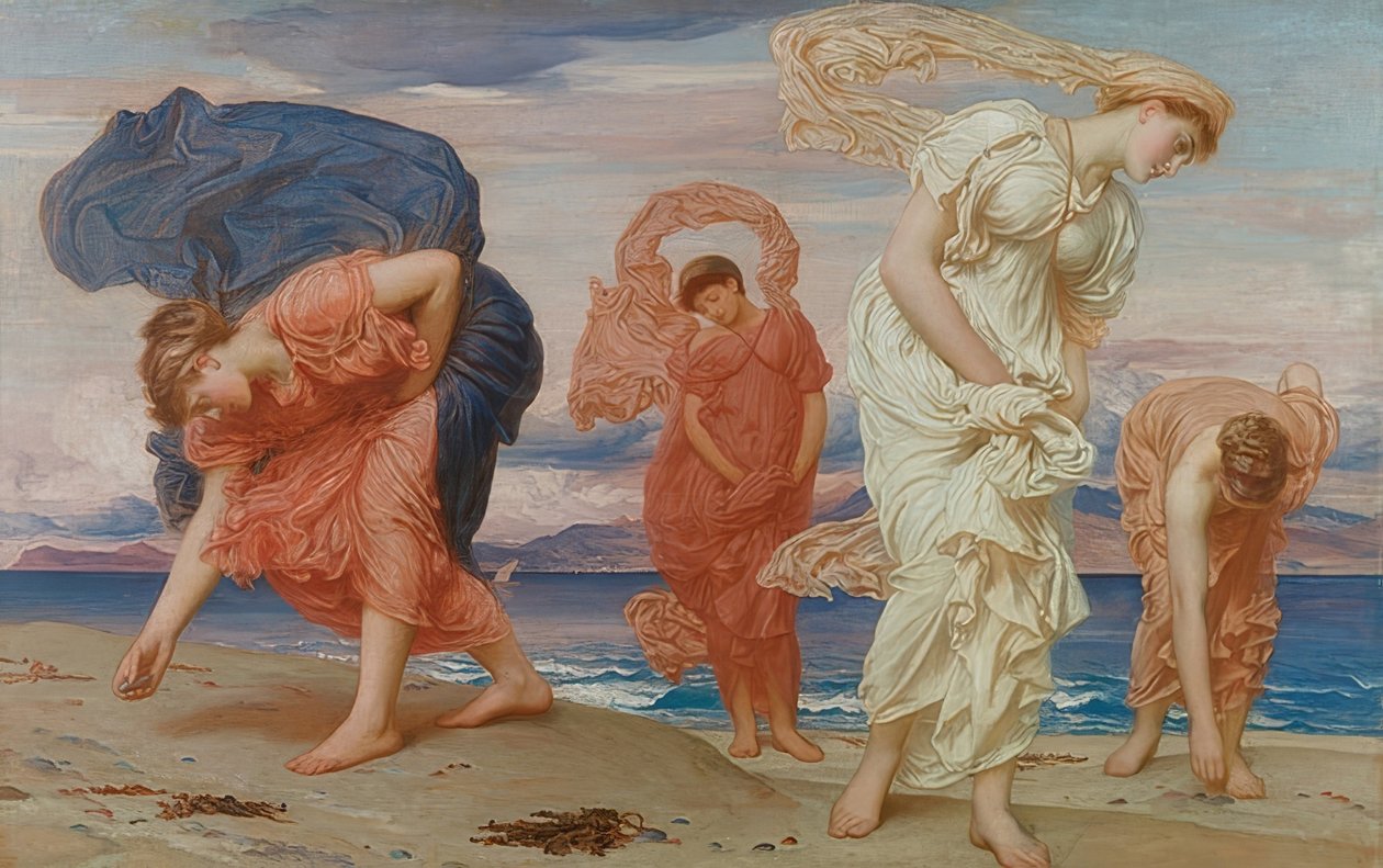 Græske piger samler småsten op på stranden. Omkring 1871 af Frederic Leighton