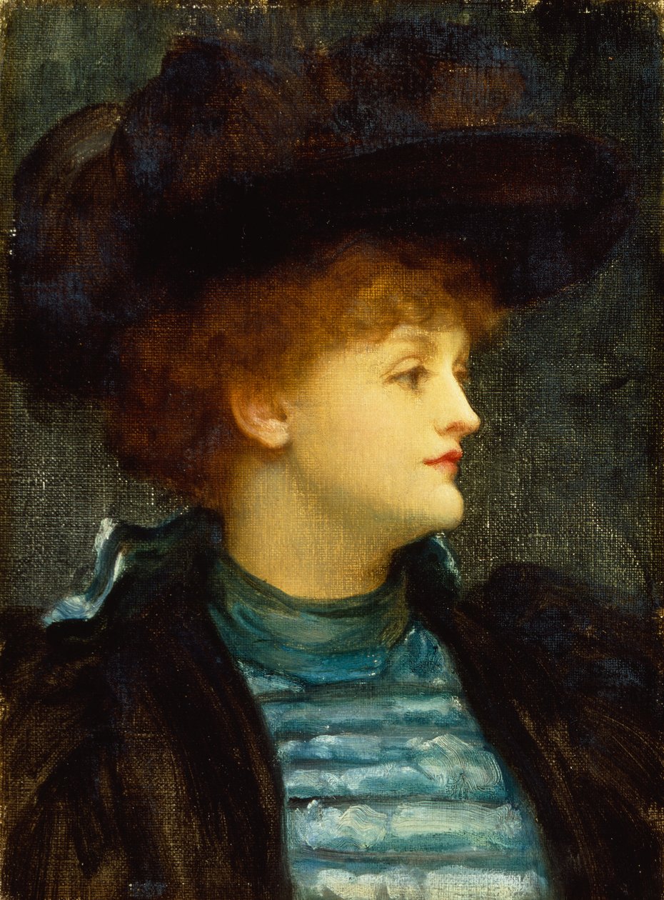 Portræt af kvinde i turkis kjole med sort frakke og hat (olie på lærred) af Frederic Leighton