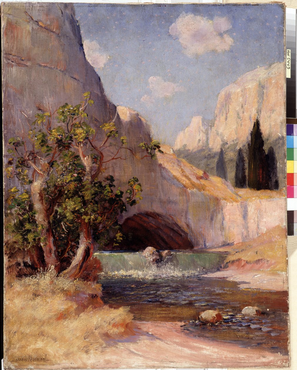 Udsigt over Fontaine du Vaucluse-landskabet i Provence. Maleri af Frederic Montenard (1849-1926) Dim. 65x50,5 cm Obligatorisk omtale: Collection fondation regards de Provence, Marseille af Frederic Montenard