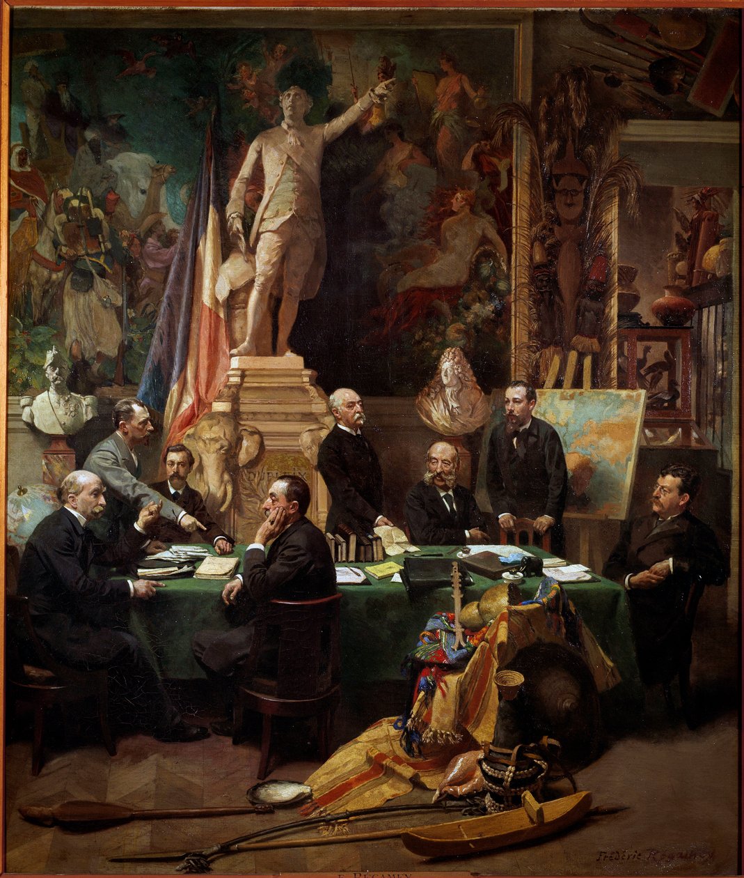 Koloniernes delegerede i november 1892 Fra venstre mod højre: Chesse (Tahiti), Mager (Diego Suares), Dussac (Nossy-Be), de Faymoreau (Mayotte), Jules Ferry (Annam og Tonkin), Soller (Fransk Guinee) , Cudenet (Ny Kaledonien). maleri af Frederic Regam af Frederic Regamey