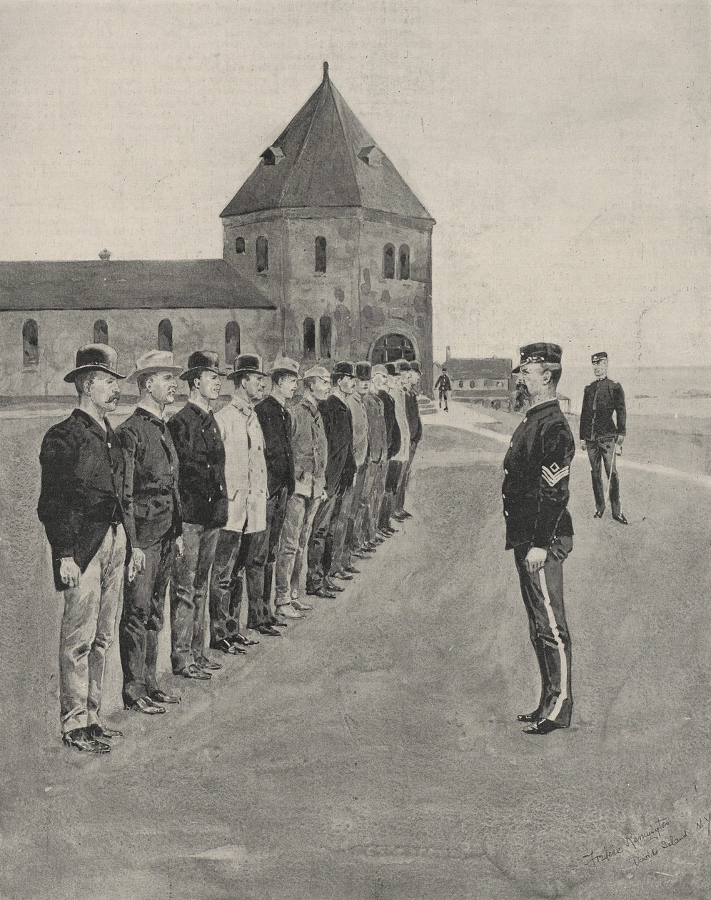 En første lektion i krigens kunst. Rekrutter til de to ekstra artilleriregimenter ved Fort Slocum, Davids Island, Long Island Sound af Frederic Remington