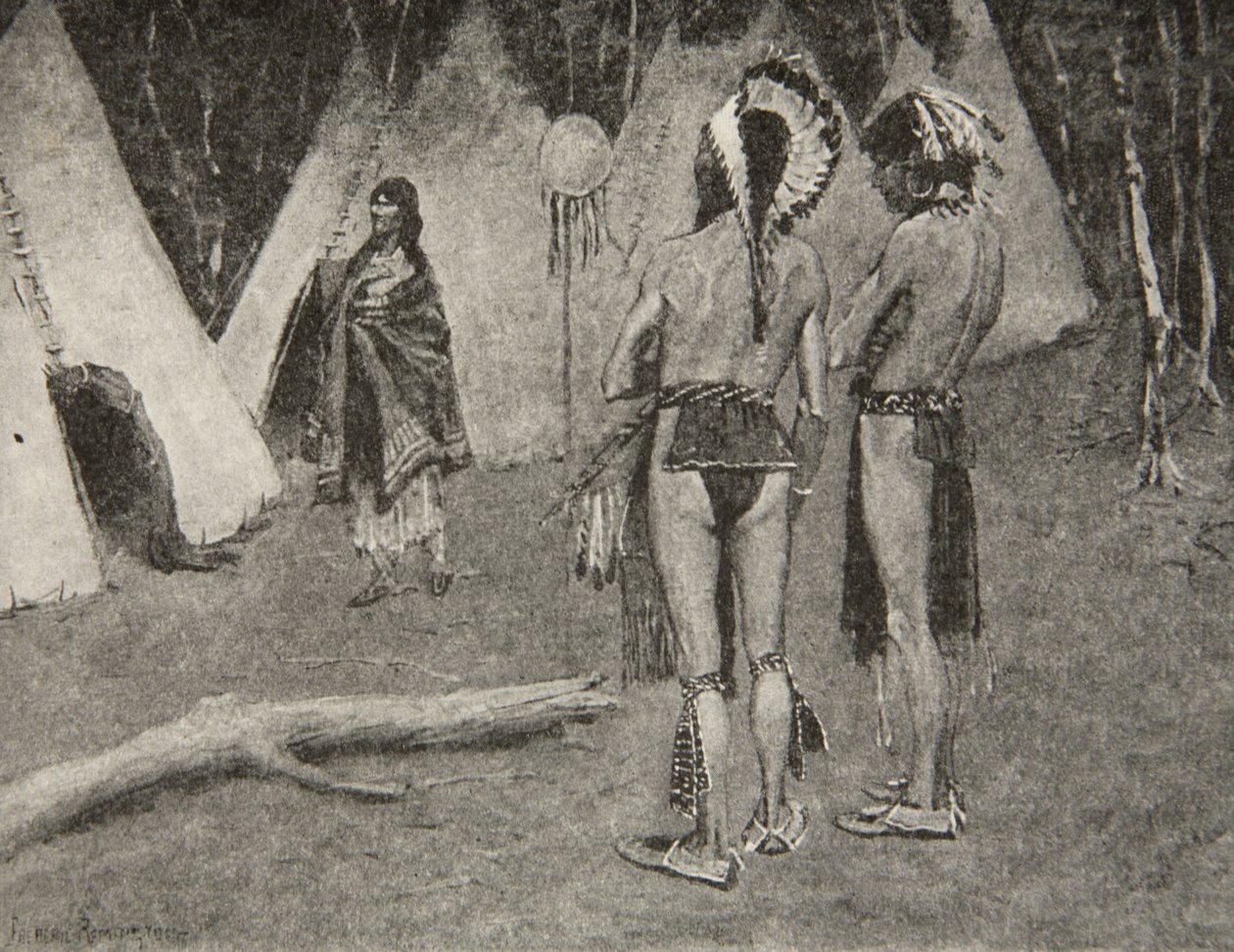 Og hendes elskere, de afviste,... Smukke mænd med maling og fjer, fra The Song of Hiawatha af Henry Wadsworth Longfellow (1807-82), pub. af George G. Harrap und Company Ltd., 1911 af Frederic Remington