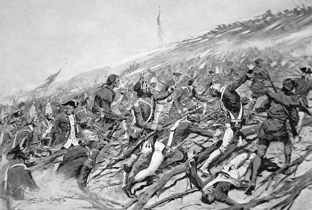 Britiske styrker forsøger at storme det franske fort i Ticonderoga i 1758 (litografi) af Frederic Remington