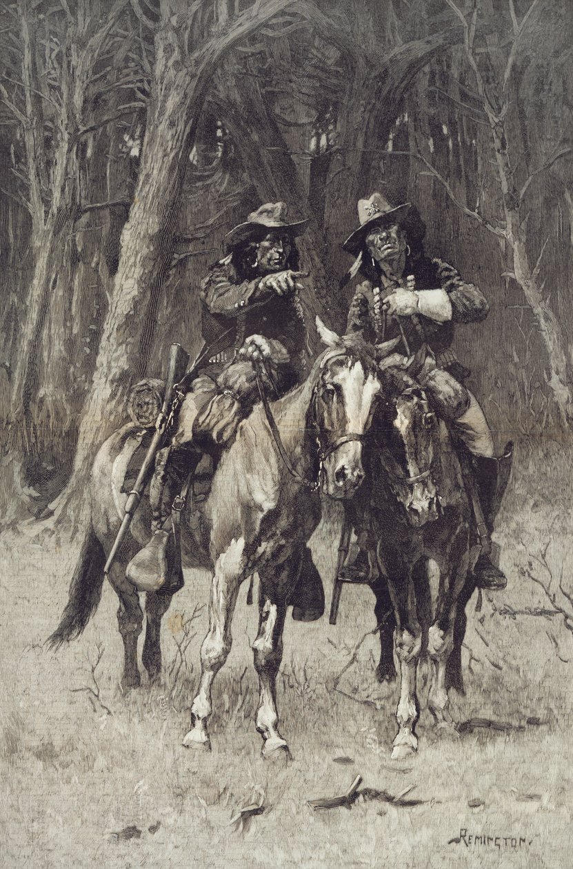 Cheyenne-spejdere, der patruljerer Big Timber of the North Canadian, Oklahoma, 6. april af Frederic Remington