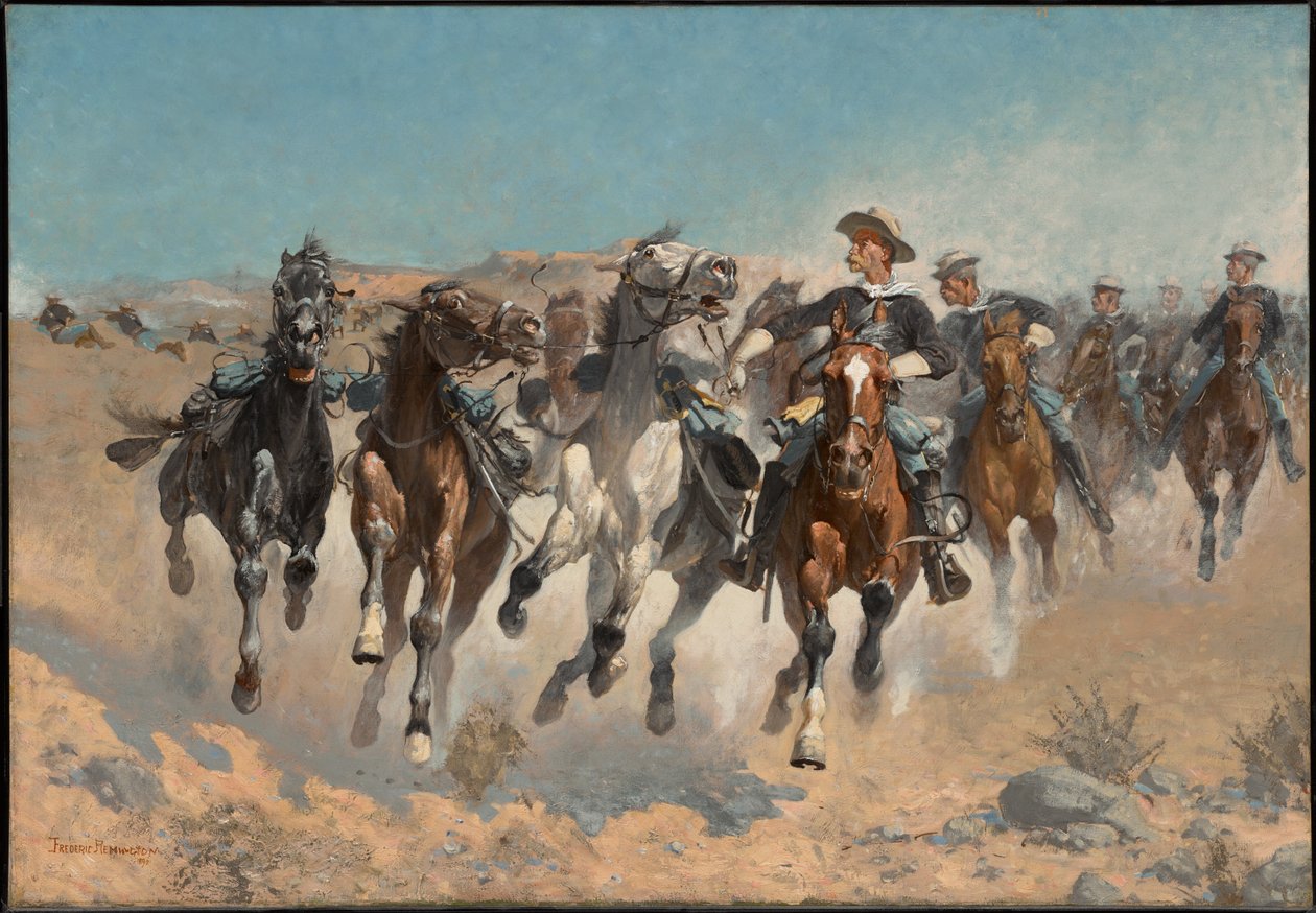 Afhoppet: Soldaterne fra det fjerde regiment flytter de ledte heste af Frederic Remington