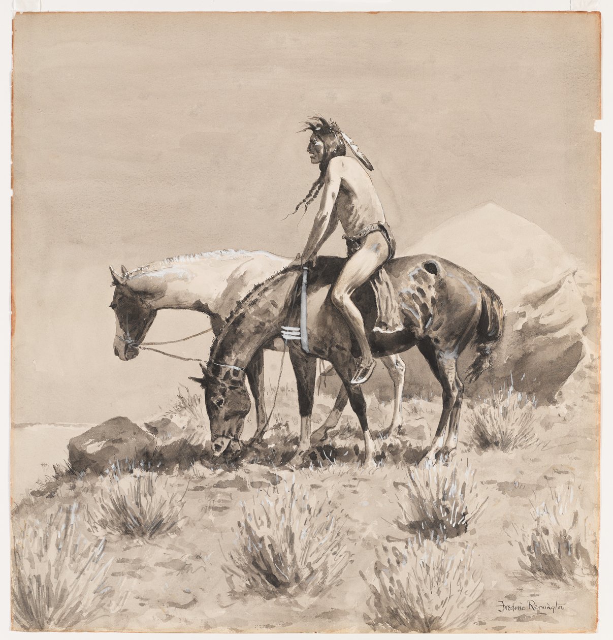 I lang tid stod han, et design til The Indiske måde, sandsynligvis 1900 (blækvask og uigennemsigtig hvid på papir) af Frederic Remington