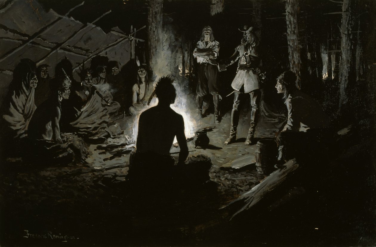 Fransk opdagelsesrejsendes råd med indianerne af Frederic Remington