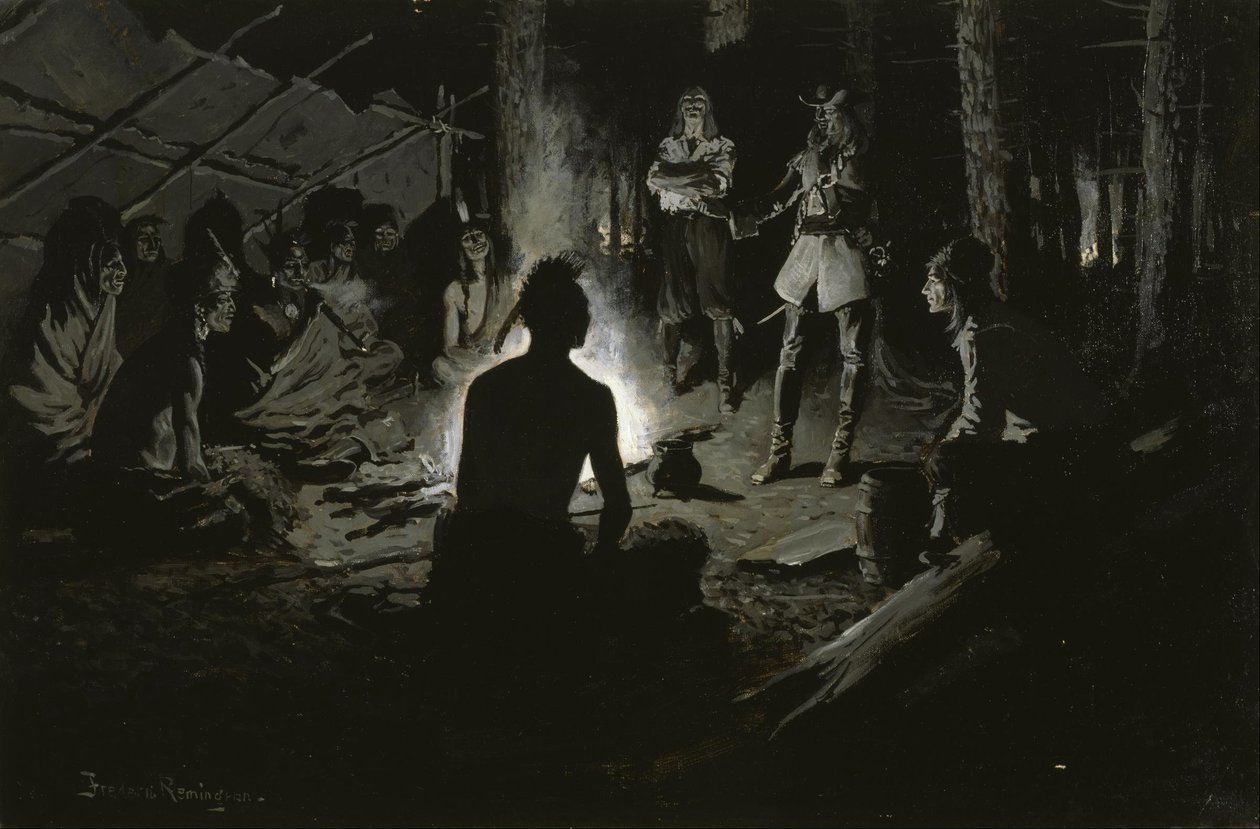 Fransk opdagelsesrejsendes råd med indianerne af Frederic Remington