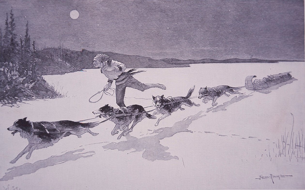 Fransk pelsjæger i Canada med Huskie-hunde på en frossen sø af Frederic Remington