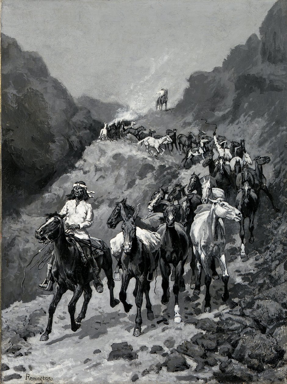 Geronimo og hans band vender tilbage fra et raid til Mexico (olie på lærred) af Frederic Remington