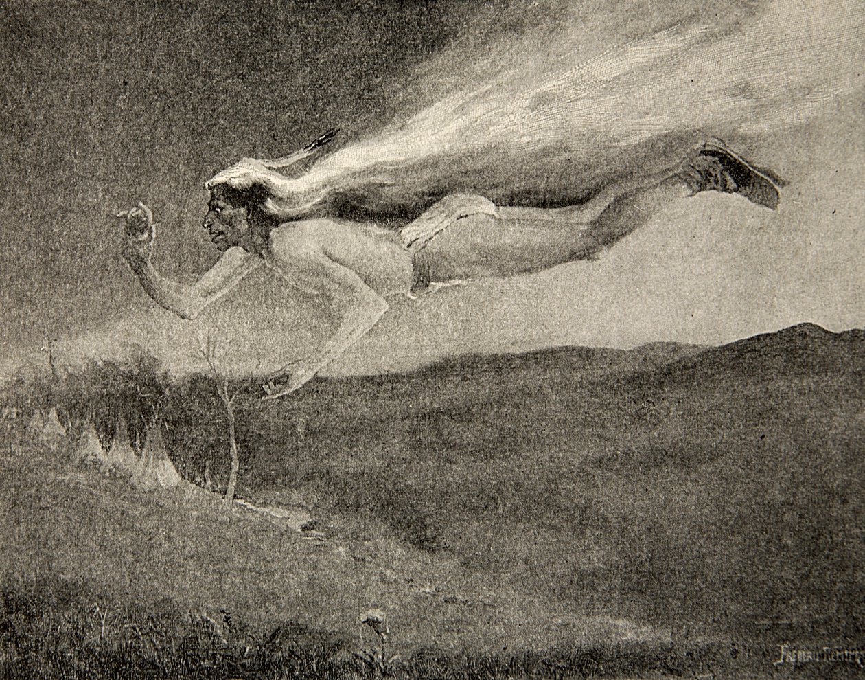 Glared like Ishkoodah, the comet, Like the star with fiery tresses, fra The Song of Hiawatha af Henry Wadsworth Longfellow (1807-82), udgivet af George G. Harrap und Company Ltd., 1911 af Frederic Remington