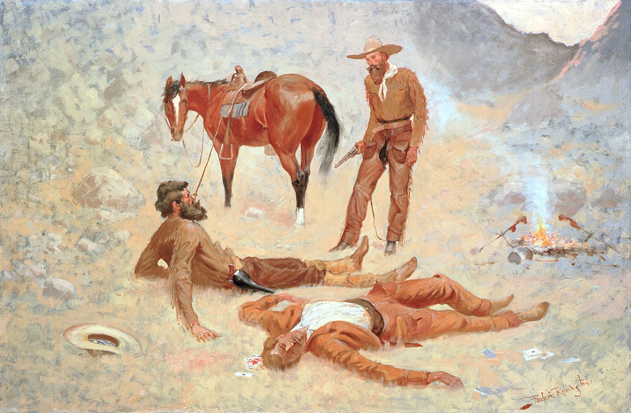Han lå, hvor han var blevet rykket, stadig som en træstamme af Frederic Remington