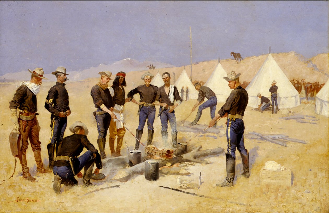 Stegning af julekød i en kavalerilejr af Frederic Remington