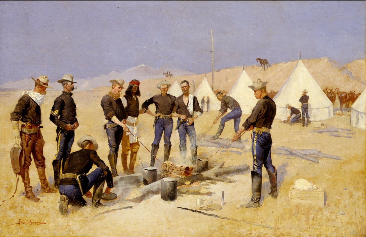 Stegning af julebøffen i en kavalerilejr af Frederic Remington