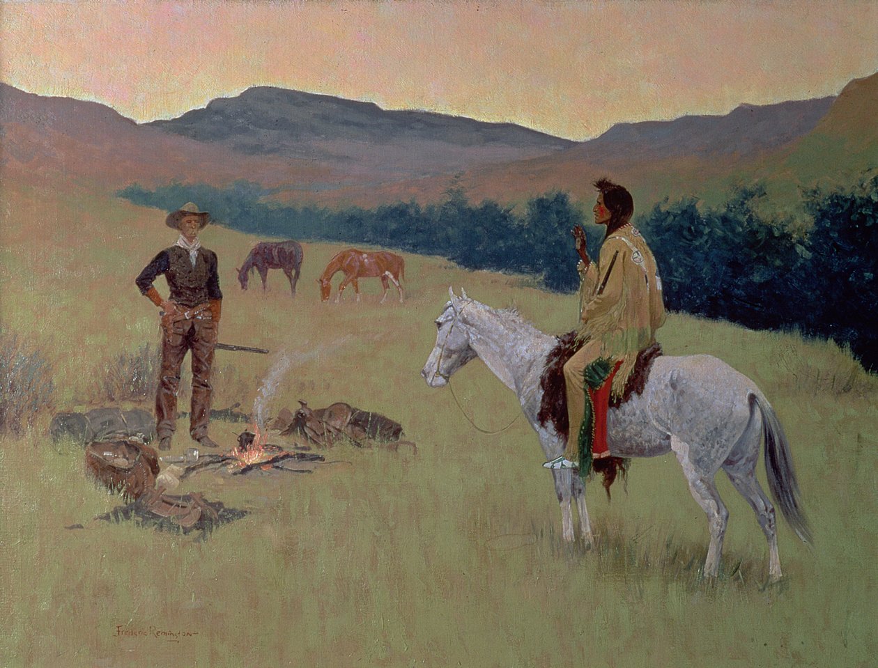 The Conversation, eller Dubious Company (olie på lærred) af Frederic Remington