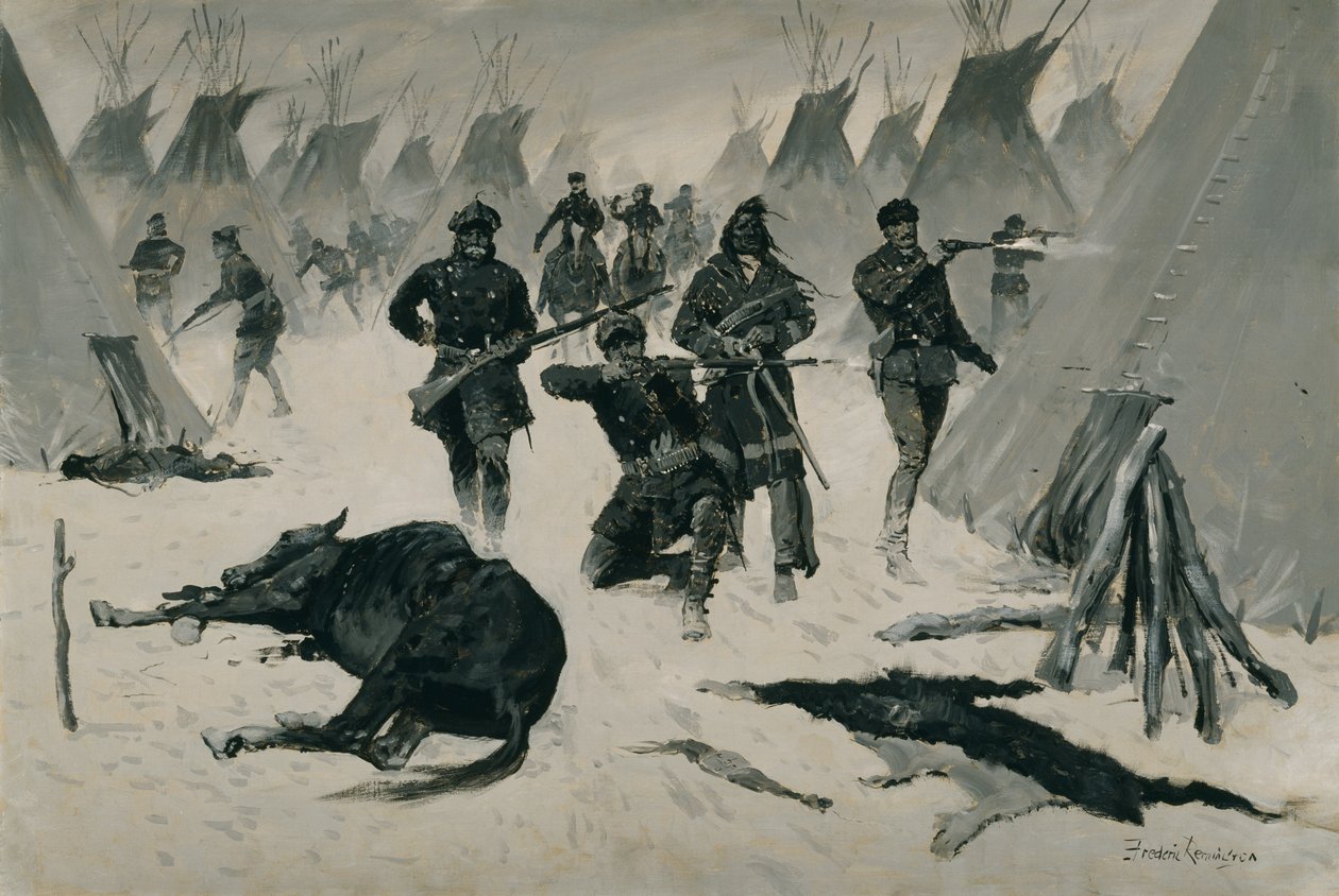 The Defeat of Crazy Horse (The Defeat of Crazy Horse af oberst Miles, januar 1877, Winter Attack on an Indian Village) c.1901, muligvis c.1896 af Frederic Remington