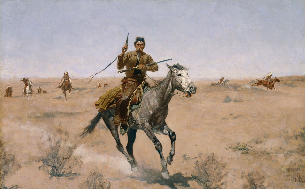 Flugten (A Sage-Brush Pioneer) 1895 af Frederic Remington