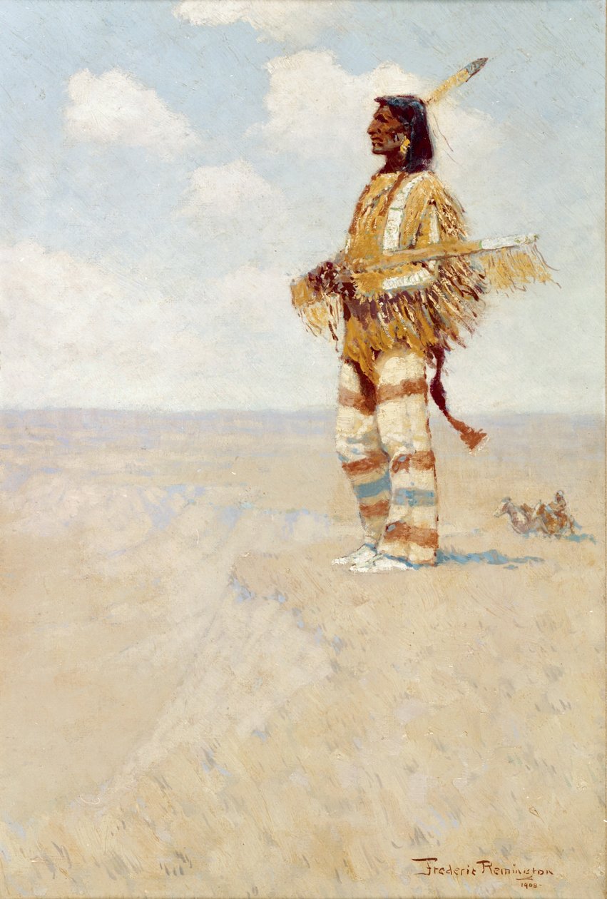 The Last of His Race (The Vanishing American), 1908 (olie på kompositionstavle) af Frederic Remington