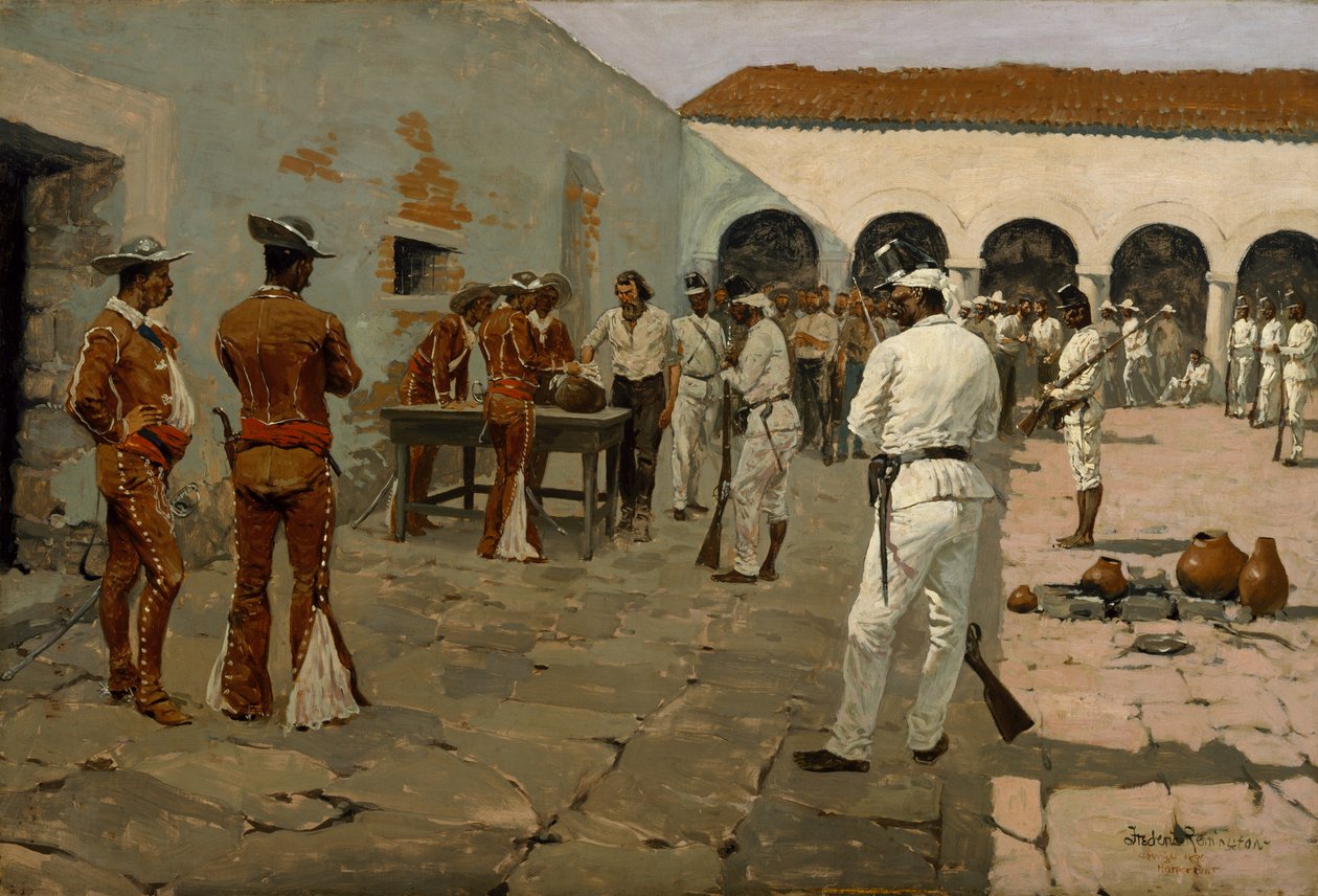 The Mier Expedition: The Drawing of the Black Bean (Prisoners Drawing their Beans) 1869 (olie på lærred) af Frederic Remington