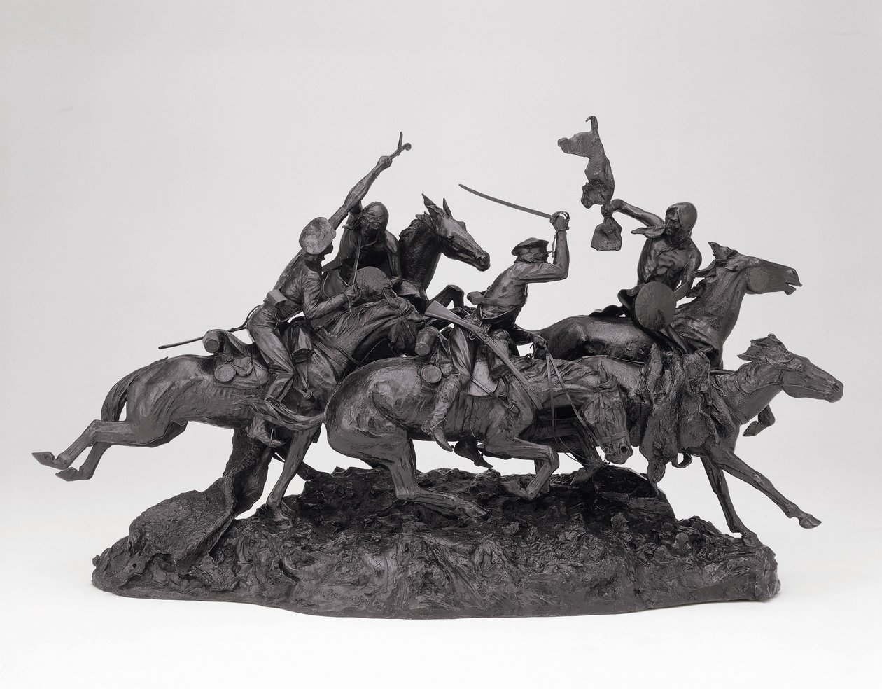 De gamle dragoner fra 1850, modelleret 1905, støbt 1905-09 (bronze med sort patina) af Frederic Remington