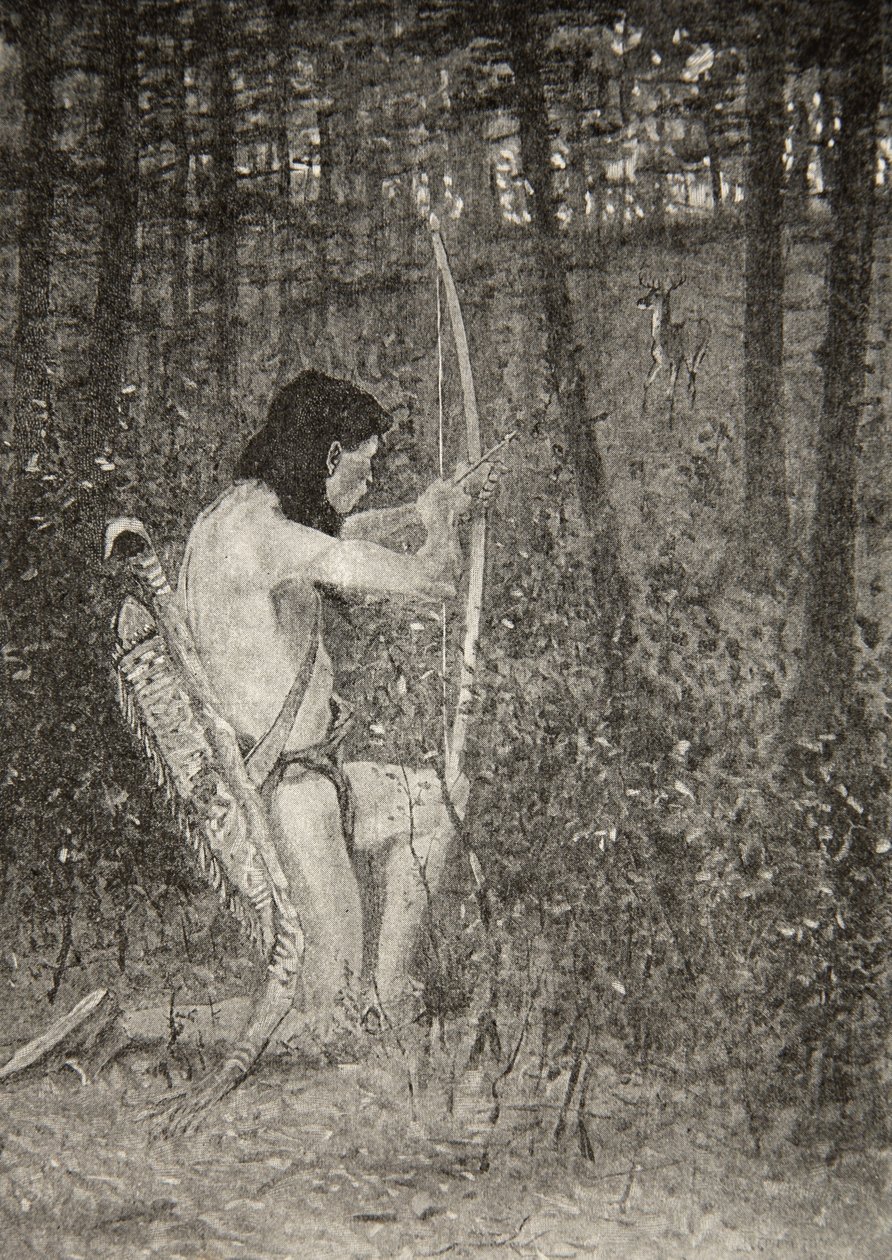 Derefter rettede Hiawatha efter et oprør på et knæ en pil fra The Song of Hiawatha af Henry Wadsworth Longfellow (1807-82), pub. af George G. Harrap und Company Ltd., 1911 af Frederic Remington
