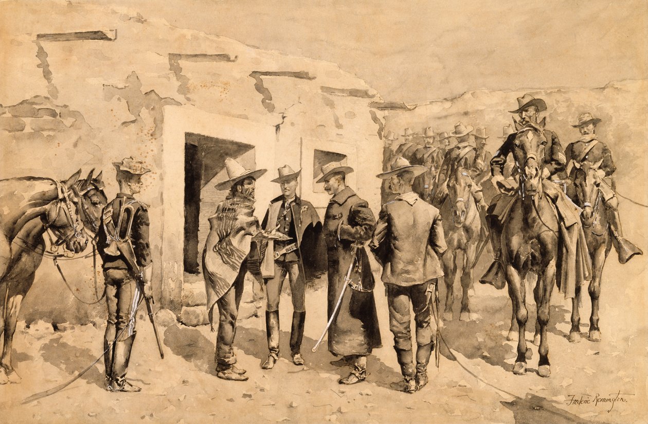 Amerikansk kavaleri på jagt efter Garza-mænd ved Rio Grande, ca.1892 (wc på papir) af Frederic Remington