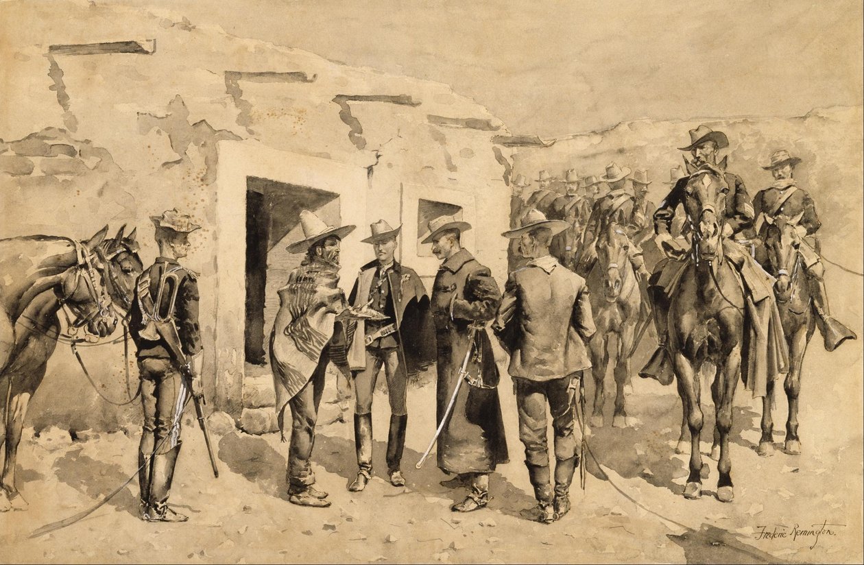 Amerikansk kavaleri jagter Garza-mænd ved Rio Grande af Frederic Remington