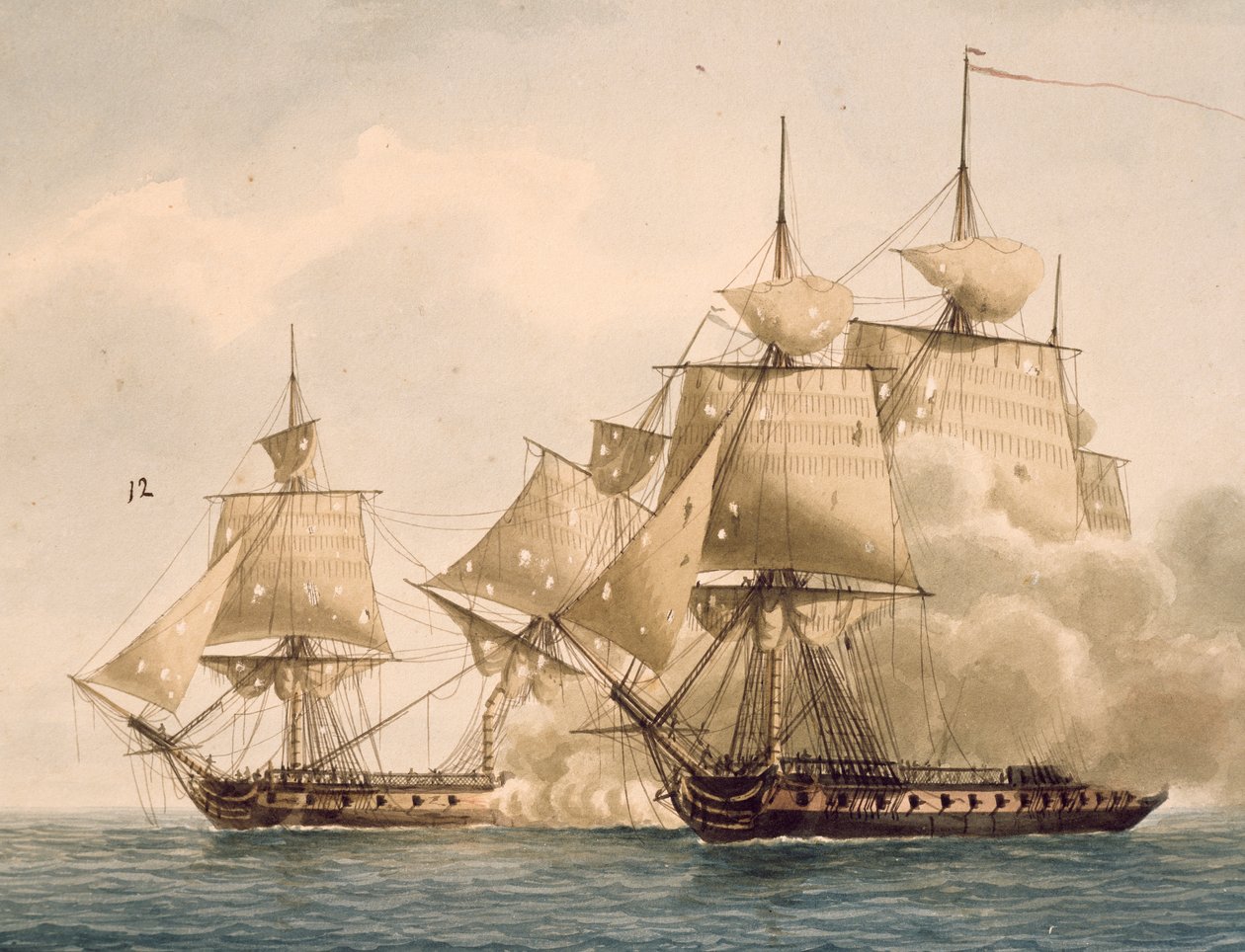 Kamp mellem den franske fregat Amazon og den britiske fregat Santa Margherita ved Chesapeake Bay, 29. juli af Frederic Roux