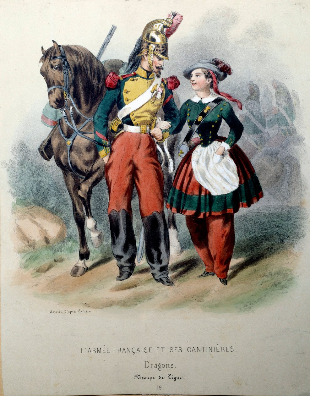 The French Armee and its Cantinieres: A Dragon and a Cantiniere Lithography af Frederic Sorrieu (1807-?) Paris fra det 19. århundrede, dekorativ kunst af Frederic Sorrieu