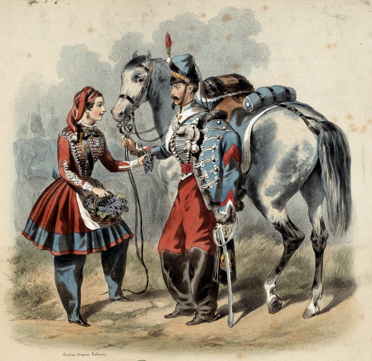 Den franske hær og dens cantinieres: Hussard og cantiniere de troupe de line. Gravering af Frederic Sorrieu (1807 -? ) af Frederic Sorrieu