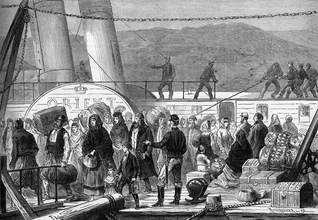 Østkrigen (1875-1878), også kendt som den russisk-tyrkiske krig: På Donau, landing ved Baziarch af de flygtende jødiske familier Rustchuck og Widdin i maj 1877 (gravering) af Frederic Theodore (after) Lix
