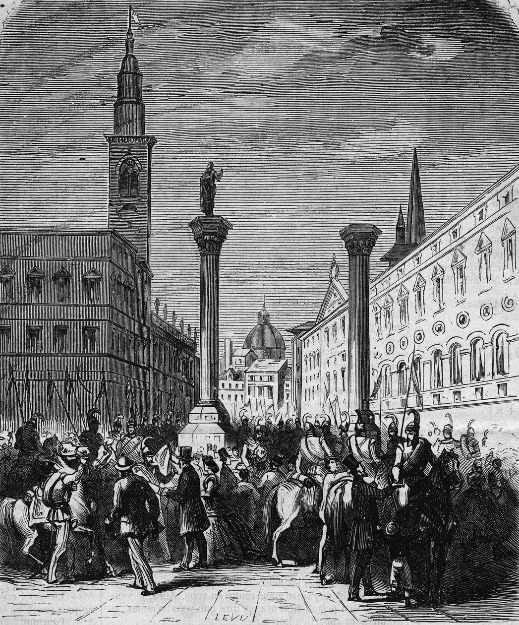 Kongeriget Italiens kavaleri indtager Piazza dei Signori i Vicenza, befriet fra østrigerne i 1866. Indgravering fra en tegning af Lix. I "" L