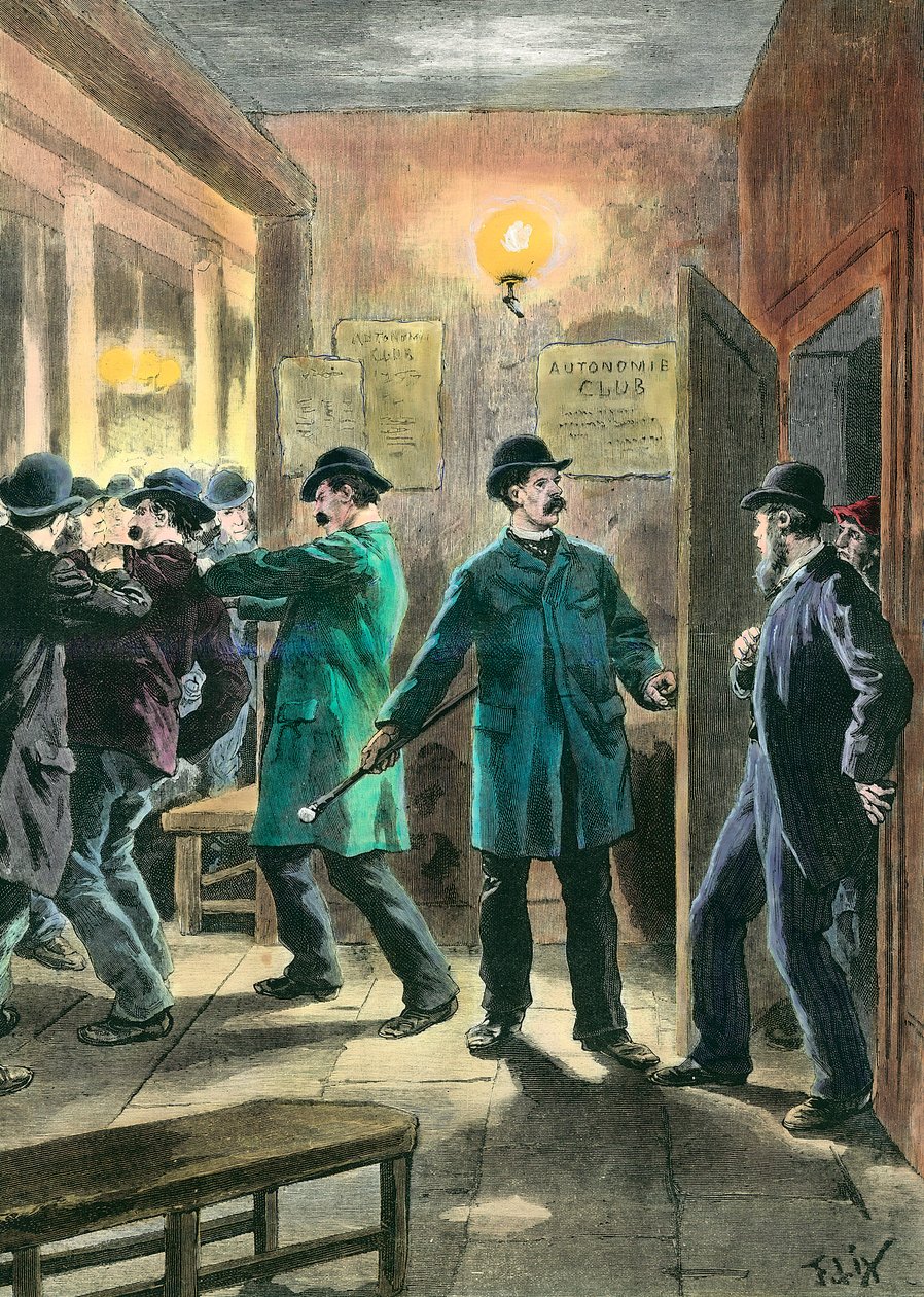 Anarkister i England: Politi foretager arrestationer i Londons autonome klub Gravering af Frederic Lix (1830-1897) privatsamling fra det 19. århundrede af Frederic Theodore Lix