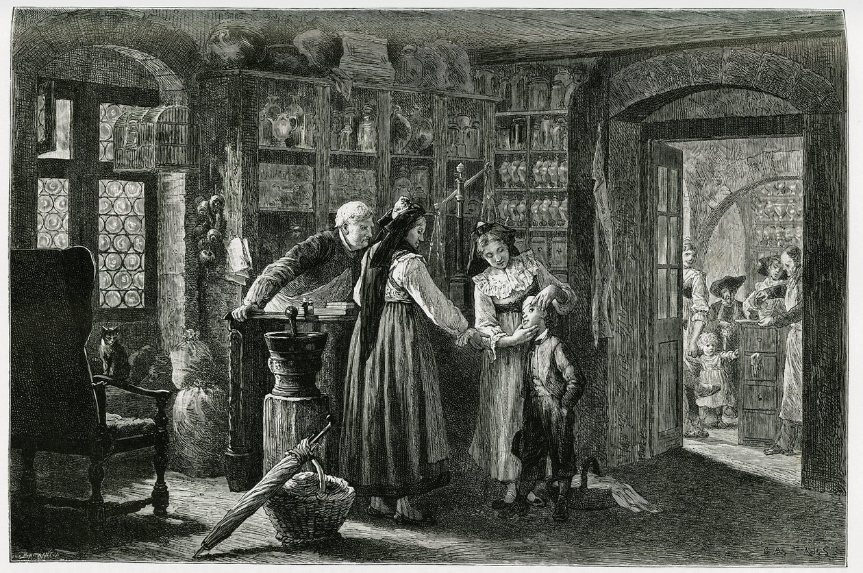 Hos apoteket i landsbyen Kaysersberg (eller Kaisersberg, Alsace), en akut konsultation. Gravering af F.Lix, for at illustrere historien "Gennem Alsace og Lorraine", i 1884, af Charles Grad (1842-1890), tysk stedfortræder, forfatter og naturforsker. Pub af Frederic Theodore Lix