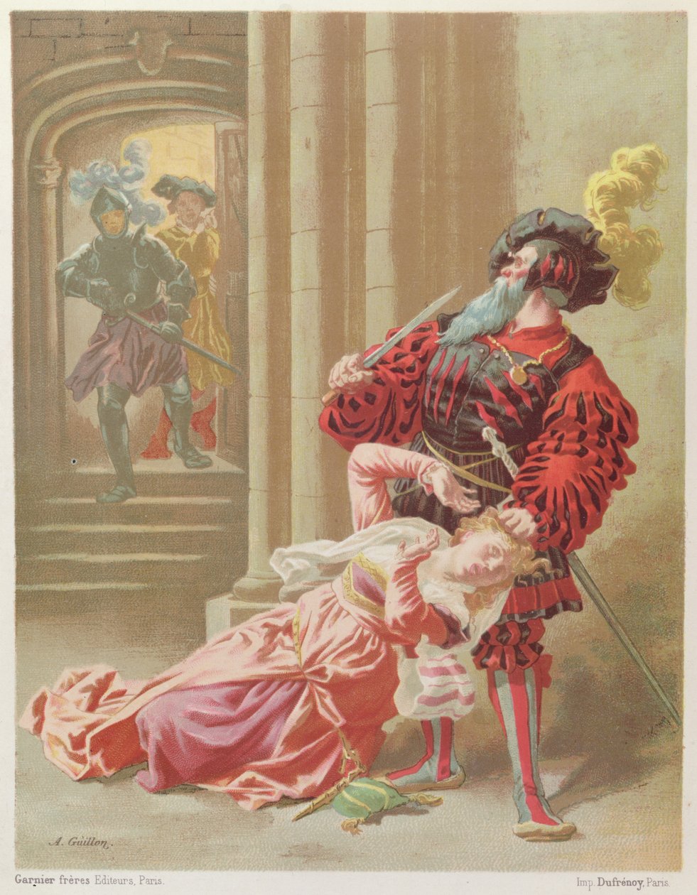 Blåskæg forsøger at dræbe sin sidste kone, Fatima, illustration fra 