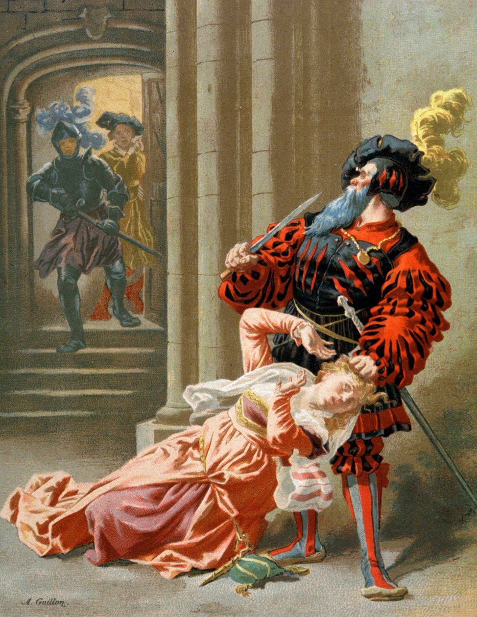 Blåskæg forsøger at dræbe sin kone, ca. 1890 (illustration) af Frederic Theodore Lix