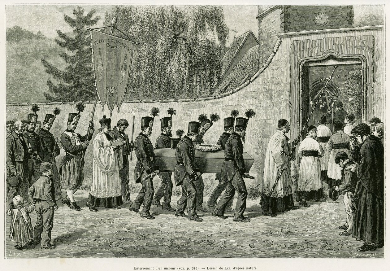 Begravelse af en mindreårig. Gravering af Lix, for at illustrere historien A Through Alsace and Lorraine, i 1887, af Charles Grad, tysk deputeret, i tour du monde 1888, instrueret af Edouard Charton (1807-1890), Hachette, Paris. af Frederic Theodore Lix