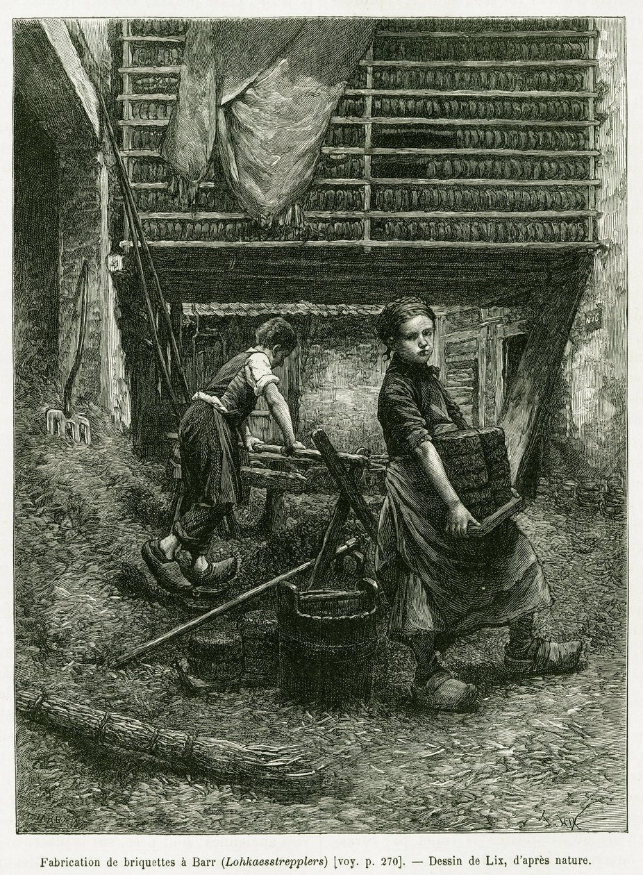 Børnearbejde ved brikettering, Barr. Gravering af Lix, for at illustrere historien A Through Alsace and Lorraine, i 1887, af Charles Grad, tysk deputeret, i tour du monde 1888, instrueret af Edouard Charton (1807-1890), Hachette, Paris. af Frederic Theodore Lix