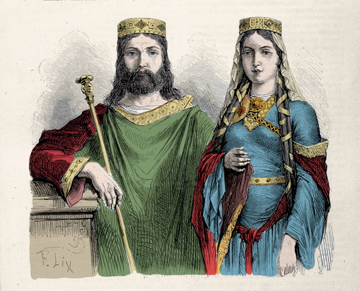 Clovis (481-511) konge af frankerne med sin anden hustru Saint Clotilde (Clothilde) dronning. Stik af Lix. af Frederic Theodore Lix