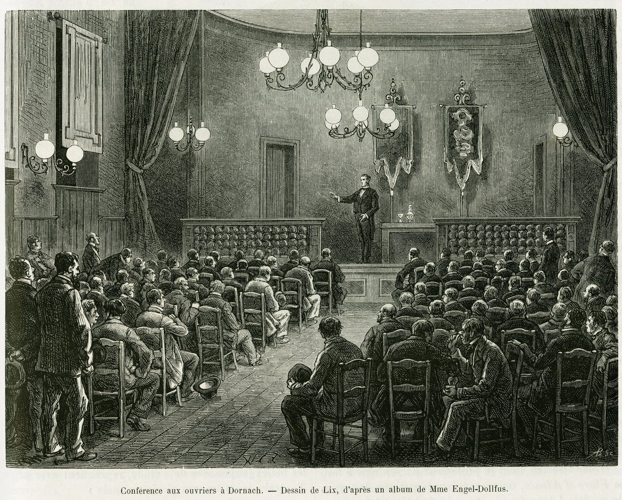 Konference for arbejderne fra Dollfus Mieg-værkstederne i Dornach. Gravering af Lix for at illustrere historien A Through Alsace and Lorraine, af Charles Grad, tysk deputeret, i 1885, i tour du monde 1886, instrueret af Edouard Charton (1807-1890), Hache af Frederic Theodore Lix