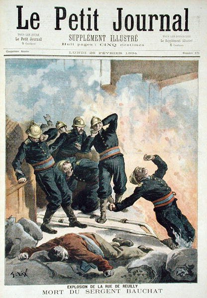 Eksplosion i Rue de Reuilly og Sergent Bauchats død, fra Le Petit Journal, 26. februar 1894 af Frederic Theodore Lix