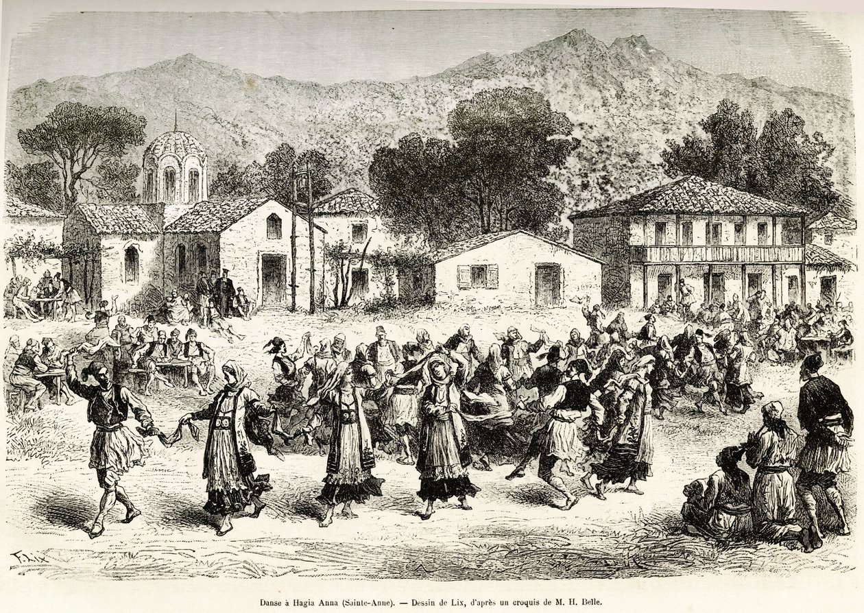 Folkedans på landsbytorvet Haggia Anna (St. Anne). Gravering efter tegningen af Lix, til illustration af rejsen i Grækenland, af Henri Belle, i 1861-1868-1874, udgivet i "" Le tour du monde""" 1876, redigeret af Edouard Charton, Hachette-udgaven, Paris af Frederic Theodore Lix