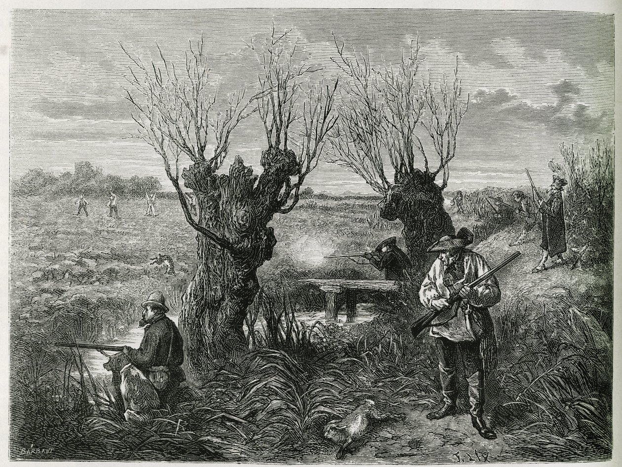 Hunt hare. Engraving by F.Lix, to illustrate the story "Through Alsace and Lorraine" ", in 1884, by Charles Graddani af Frederic Theodore Lix
