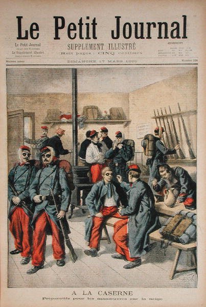 I kasernen, forberedelse til manøvrer i sneen, illustration fra Le Petit Journal, 17. marts 1895 af Frederic Theodore Lix