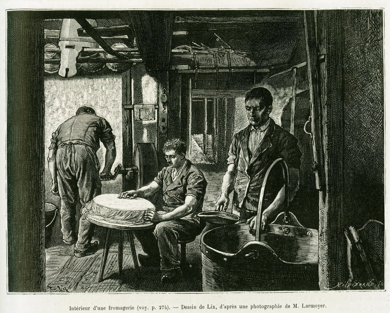 Inde i en ostefabrik. Gravering af Lix, for at illustrere historien A Through Alsace and Lorraine, af Charles Grad, tysk deputeret, i 1885, i tour du monde 1887, under ledelse af Edouard Charton (1807-1890), Hachette, Paris. af Frederic Theodore Lix