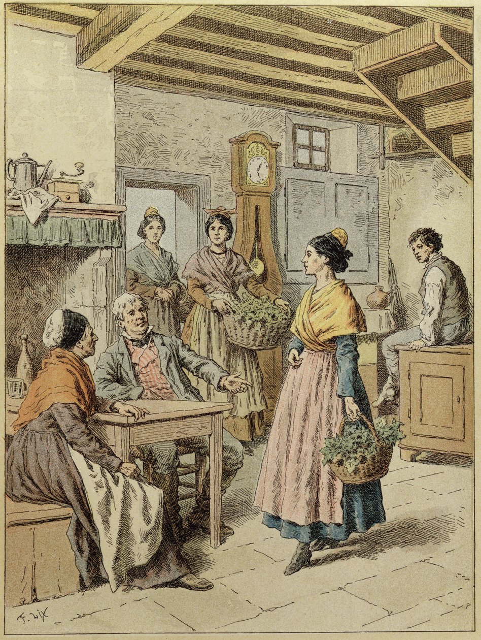 Interiør af et bondehus i Provence, 1901 (farvegravering) af Frederic Theodore Lix
